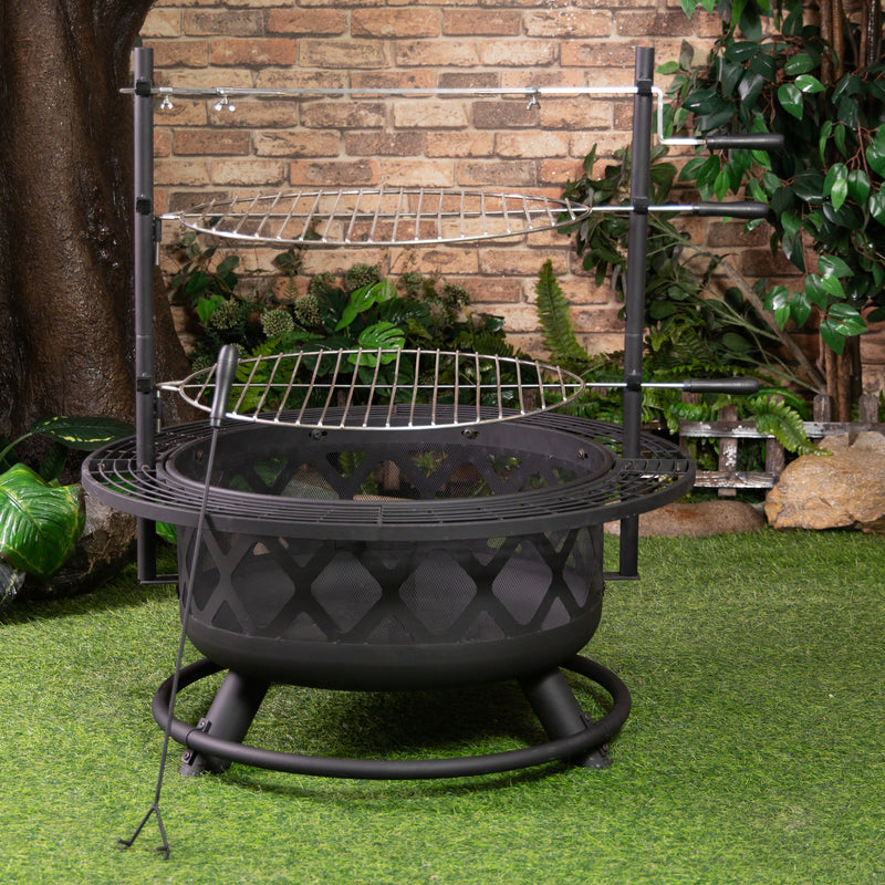 Deko Living - 33 Inch Diameter Outdoor Steel Wood Burning Fire Pit with 2 Cooking Grills, Rotisserie and Poker