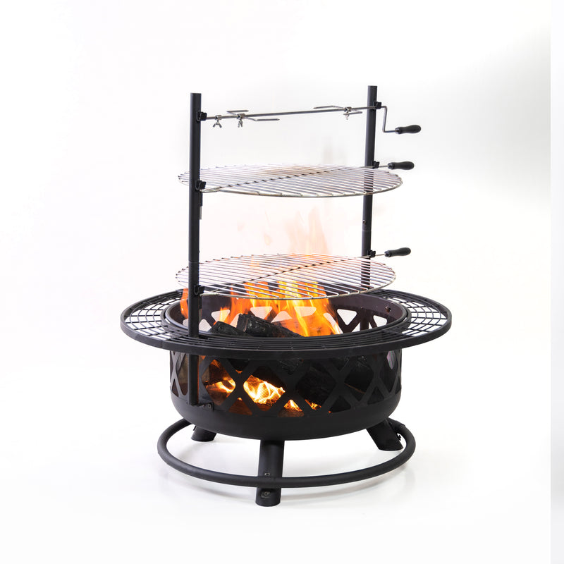 Deko Living - 33 Inch Diameter Outdoor Steel Wood Burning Fire Pit with 2 Cooking Grills, Rotisserie and Poker
