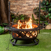 Deko Living - 33 Inch Diameter Outdoor Steel Wood Burning Fire Pit with 2 Cooking Grills, Rotisserie and Poker