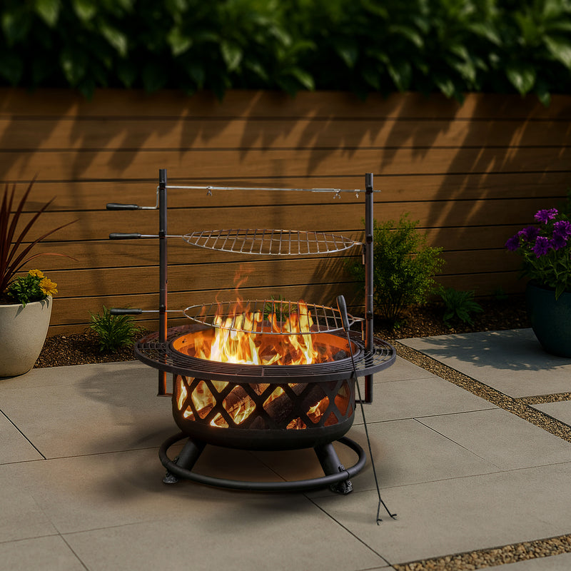 Deko Living - 33 Inch Diameter Outdoor Steel Wood Burning Fire Pit with 2 Cooking Grills, Rotisserie and Poker