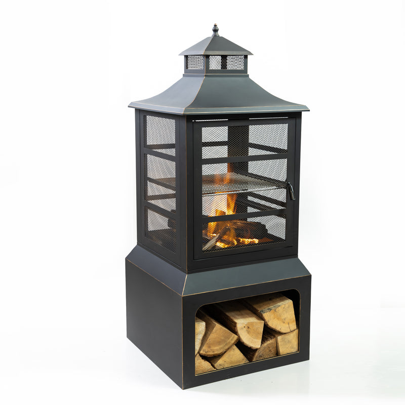 Deko Living - 26" Square Outdoor Steel Wood Burning Fireplace with Cast Iron Cooking Grill, Log Storage and Poker