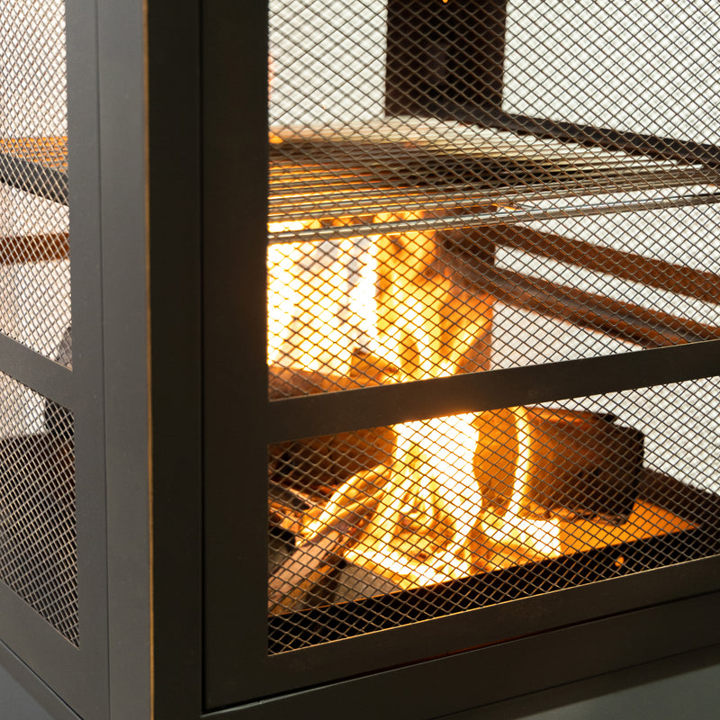 Deko Living - 26" Square Outdoor Steel Wood Burning Fireplace with Cast Iron Cooking Grill, Log Storage and Poker