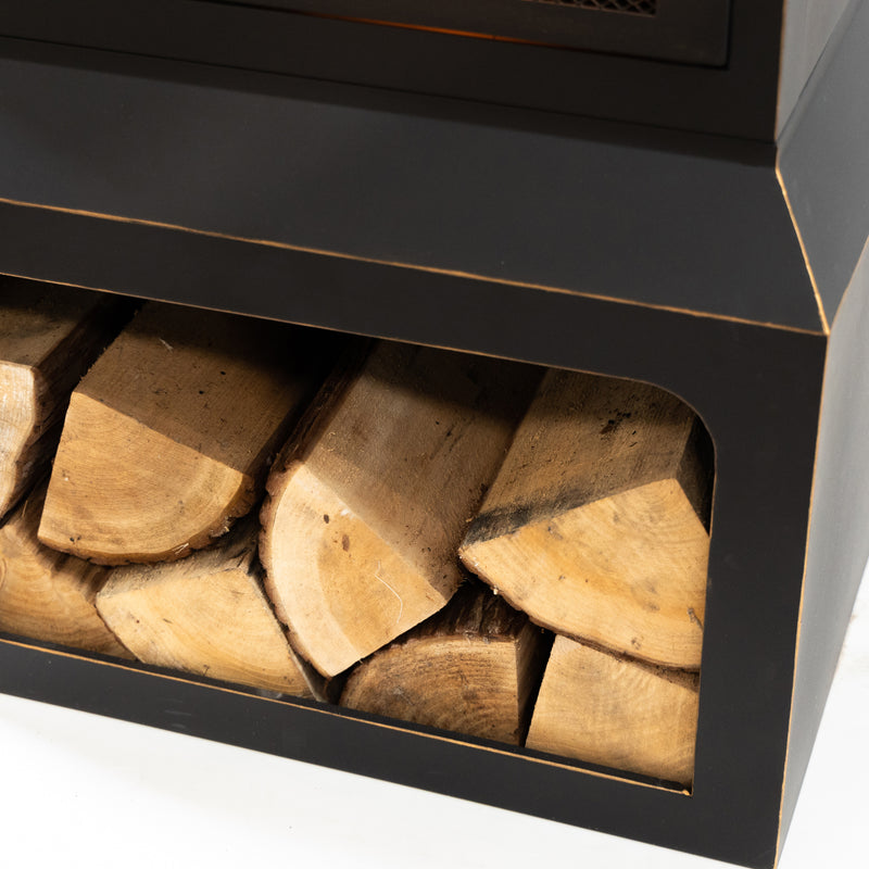 Deko Living - 26" Square Outdoor Steel Wood Burning Fireplace with Cast Iron Cooking Grill, Log Storage and Poker