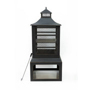 Deko Living - 26" Square Outdoor Steel Wood Burning Fireplace with Cast Iron Cooking Grill, Log Storage and Poker