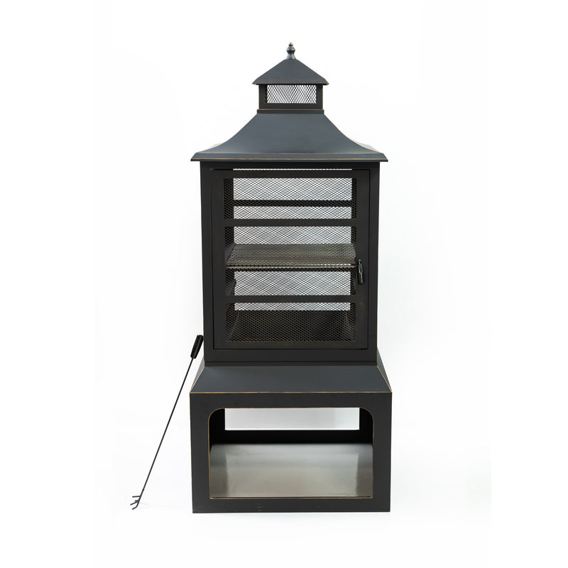 Deko Living - 26" Square Outdoor Steel Wood Burning Fireplace with Cast Iron Cooking Grill, Log Storage and Poker