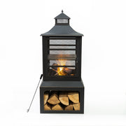 Deko Living - 26" Square Outdoor Steel Wood Burning Fireplace with Cast Iron Cooking Grill, Log Storage and Poker