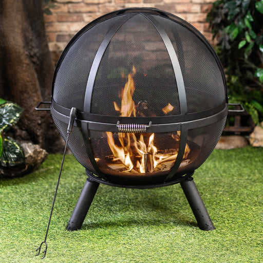 Deko Living - 34 Inch Diameter Outdoor Steel Wood Burning Sphere Fire Pit with Screen Lid and Poker