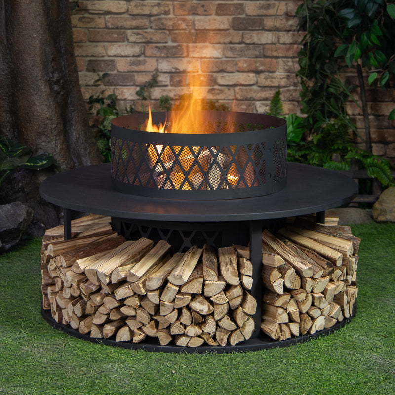 Deko Living - 38 Inch Diameter Outdoor Steel Wood Burning Fire Pit with Log Storage, Poker and Screen Lid