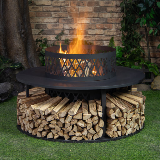 Deko Living - 38 Inch Diameter Outdoor Steel Wood Burning Fire Pit with Log Storage, Poker and Screen Lid