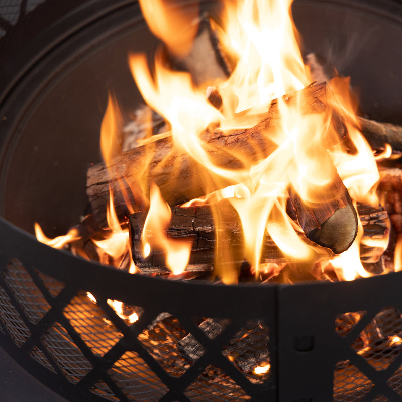 Deko Living - 38 Inch Diameter Outdoor Steel Wood Burning Fire Pit with Log Storage, Poker and Screen Lid