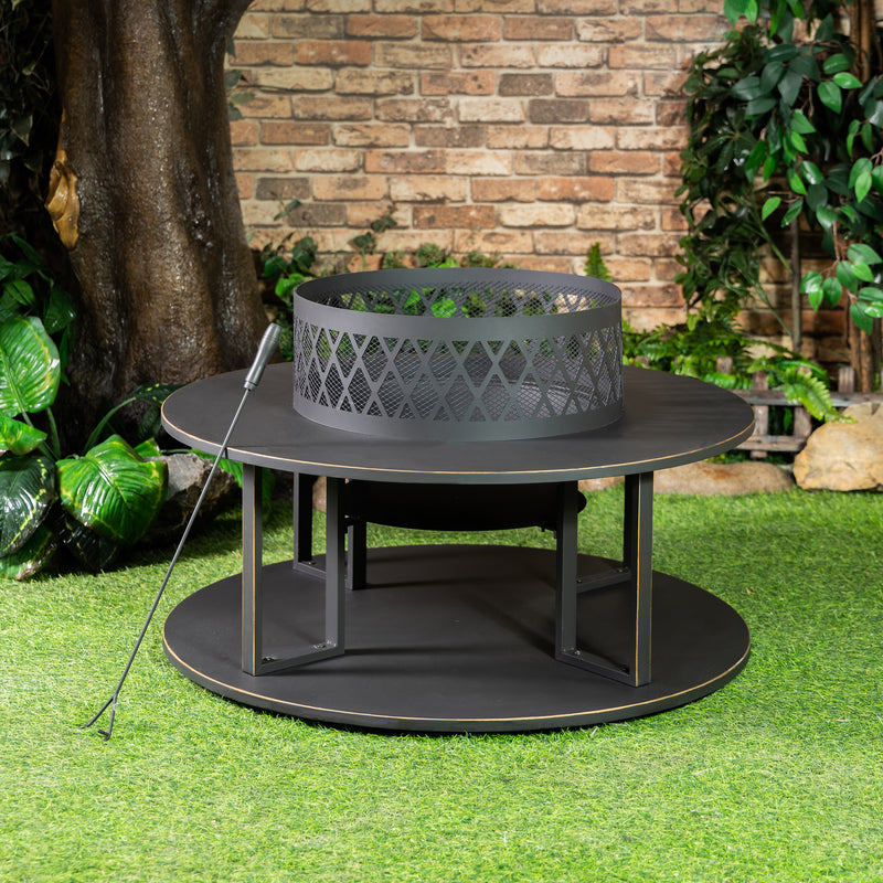 Deko Living - 38 Inch Diameter Outdoor Steel Wood Burning Fire Pit with Log Storage, Poker and Screen Lid