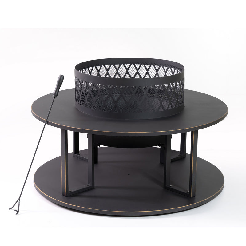 Deko Living - 38 Inch Diameter Outdoor Steel Wood Burning Fire Pit with Log Storage, Poker and Screen Lid