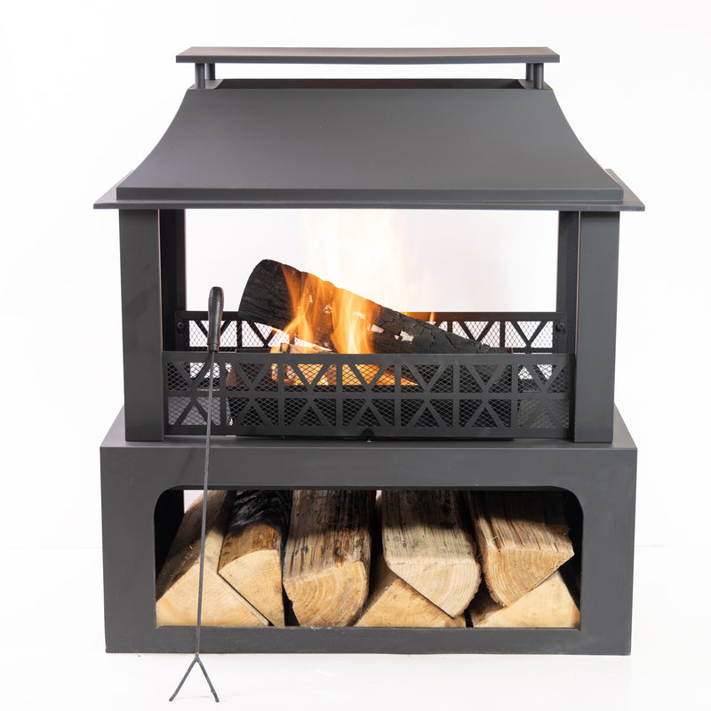 Deko Living - 36 Inch Rectangular Outdoor Steel Wood Burning Fireplace with Log Storage Compartment and Poker