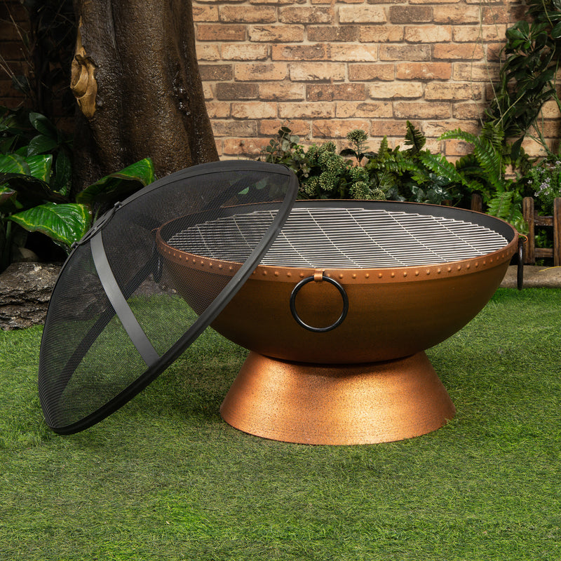 Deko Living - 31 Inch Round Outdoor Steel Wood Burning Firebowl / Firepit with Screen Lid and Poker