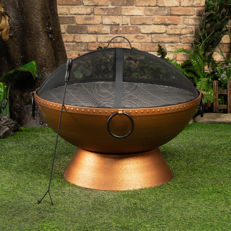 Deko Living - 31 Inch Round Outdoor Steel Wood Burning Firebowl / Firepit with Screen Lid and Poker