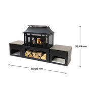 Deko Living - 70 Inch Rectangular Outdoor Steel Wood Burning Fireplace with Log Storage, Poker and Side Tables