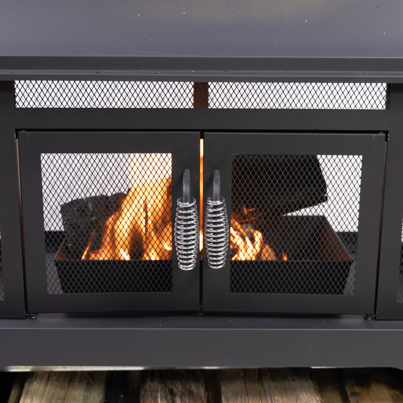 Deko Living - 70 Inch Rectangular Outdoor Steel Wood Burning Fireplace with Log Storage, Poker and Side Tables