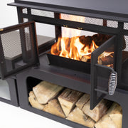 Deko Living - 70 Inch Rectangular Outdoor Steel Wood Burning Fireplace with Log Storage, Poker and Side Tables