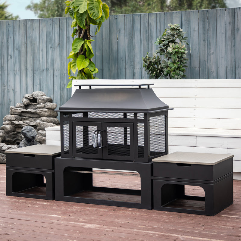 Deko Living - 70 Inch Rectangular Outdoor Steel Wood Burning Fireplace with Log Storage, Poker and Side Tables