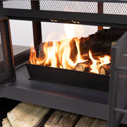 Deko Living - 70 Inch Rectangular Outdoor Steel Wood Burning Fireplace with Log Storage, Poker and Side Tables