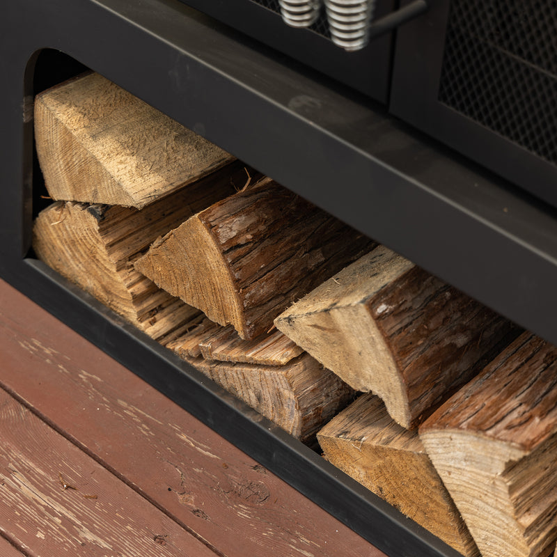 Deko Living - 70 Inch Rectangular Outdoor Steel Wood Burning Fireplace with Log Storage, Poker and Side Tables