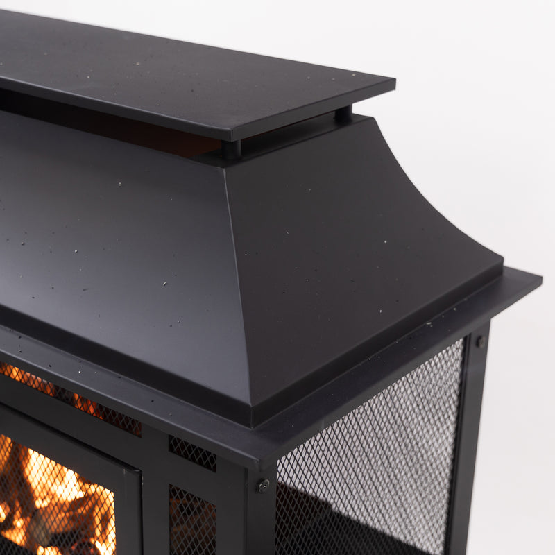 Deko Living - 70 Inch Rectangular Outdoor Steel Wood Burning Fireplace with Log Storage, Poker and Side Tables