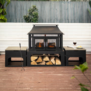 Deko Living - 70 Inch Rectangular Outdoor Steel Wood Burning Fireplace with Log Storage, Poker and Side Tables