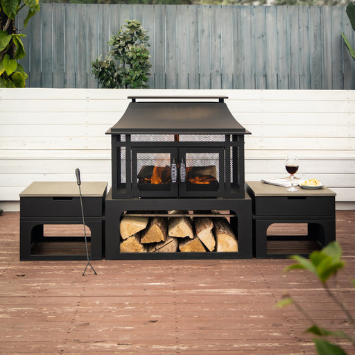 Deko Living - 70 Inch Rectangular Outdoor Steel Wood Burning Fireplace with Log Storage, Poker and Side Tables