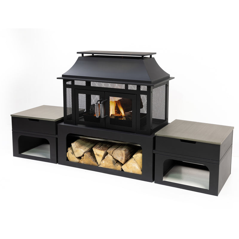 Deko Living - 70 Inch Rectangular Outdoor Steel Wood Burning Fireplace with Log Storage, Poker and Side Tables