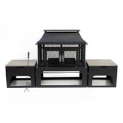 Deko Living - 70 Inch Rectangular Outdoor Steel Wood Burning Fireplace with Log Storage, Poker and Side Tables