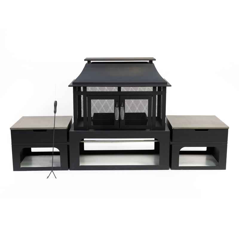 Deko Living - 70 Inch Rectangular Outdoor Steel Wood Burning Fireplace with Log Storage, Poker and Side Tables
