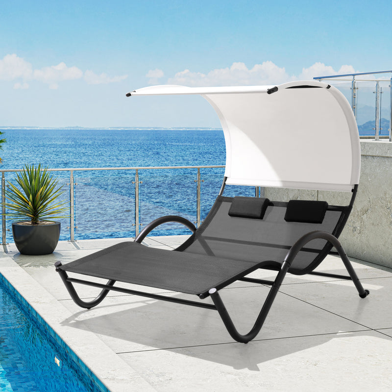 Deko Living - Outdoor Double Chaise Textilene Lounge Daybed with Canopy and Headrest Pillows