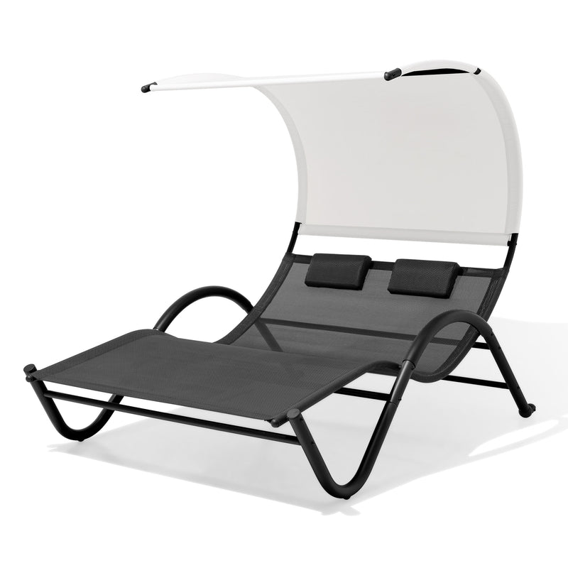 Deko Living - Outdoor Double Chaise Textilene Lounge Daybed with Canopy and Headrest Pillows