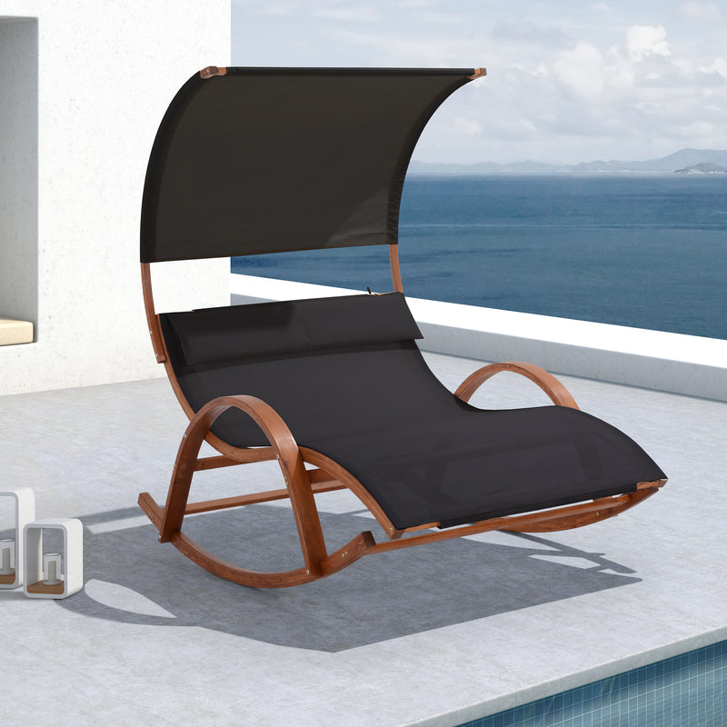 Deko Living - Outdoor Cedar Wood Patio Lounge Daybed with Black Textilene Fabric & Canopy