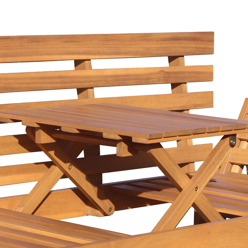 Deko Living - Outdoor Acacia Wood Patio Bench/Lounge Chair with Fold Down Center Table & Side Panels