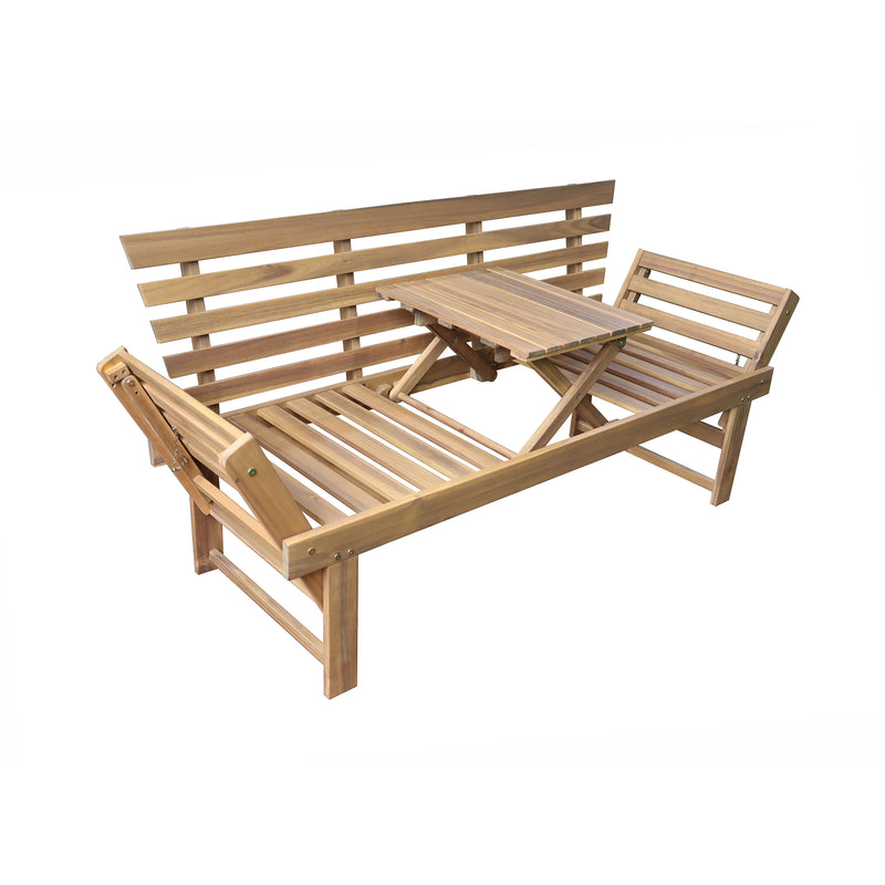 Deko Living - Outdoor Acacia Wood Patio Bench/Lounge Chair with Fold Down Center Table & Side Panels