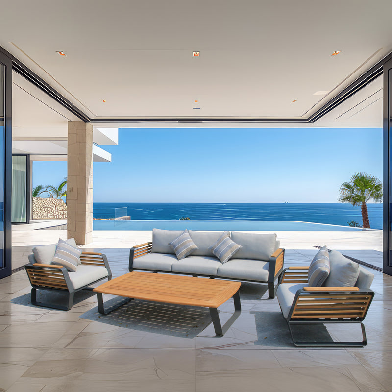 Deko Living - 5 Place Seating Palazzolo Outdoor Teak Patio Conversation Set with Cushioned Chairs and Coffee Table