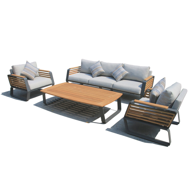 Deko Living - 5 Place Seating Palazzolo Outdoor Teak Patio Conversation Set with Cushioned Chairs and Coffee Table