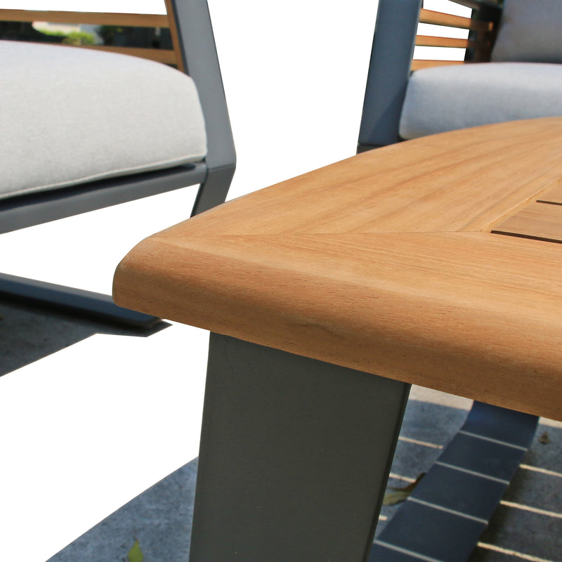 Deko Living - 5 Place Seating Palazzolo Outdoor Teak Patio Conversation Set with Cushioned Chairs and Coffee Table