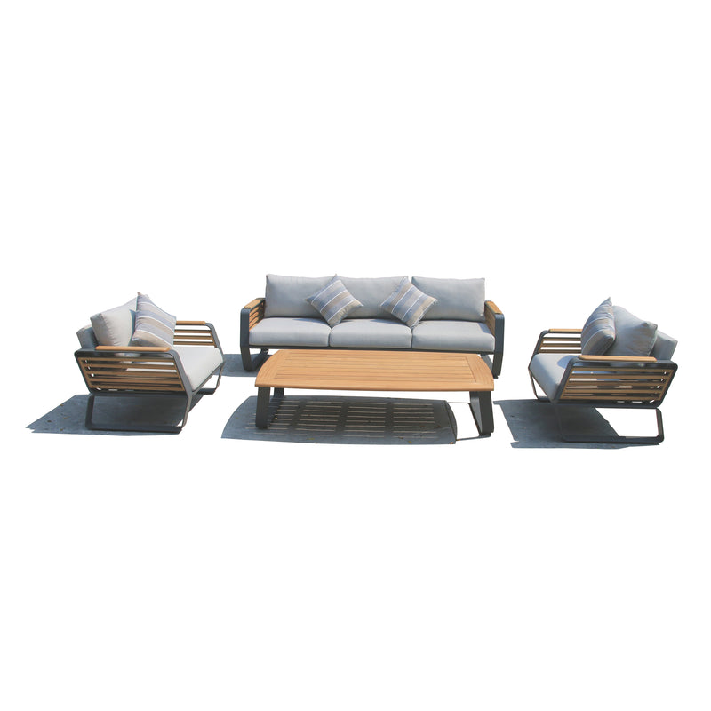 Deko Living - 5 Place Seating Palazzolo Outdoor Teak Patio Conversation Set with Cushioned Chairs and Coffee Table