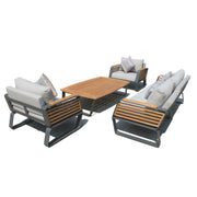 Deko Living - 5 Place Seating Palazzolo Outdoor Teak Patio Conversation Set with Cushioned Chairs and Coffee Table