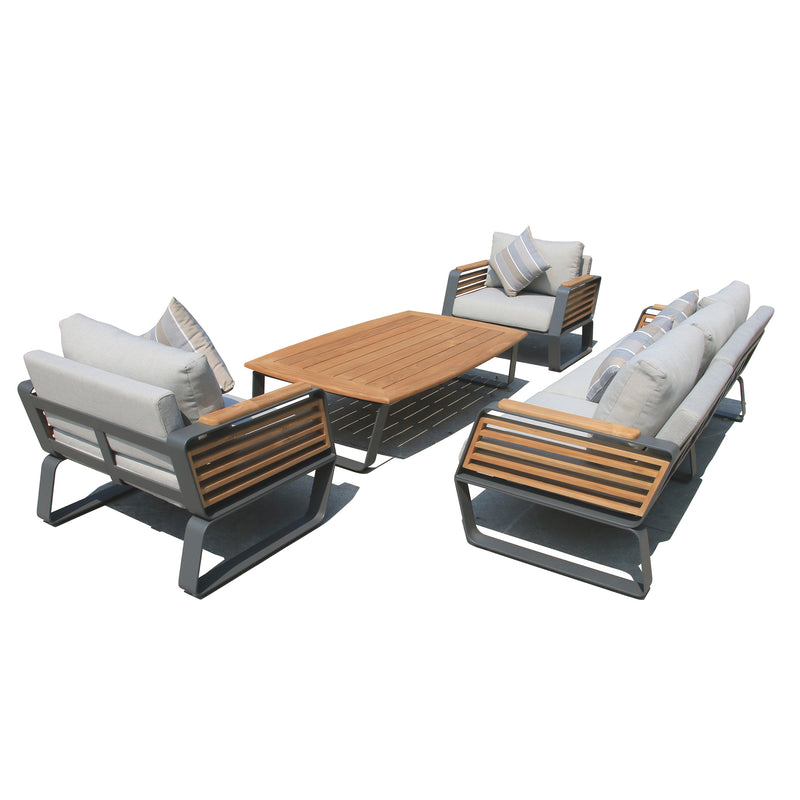Deko Living - 5 Place Seating Palazzolo Outdoor Teak Patio Conversation Set with Cushioned Chairs and Coffee Table