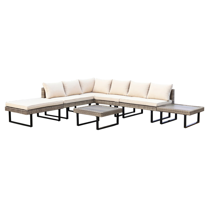 Deko Living - 8 Place Seating Outdoor Wicker Corner Sectional Sofa and Ottoman Set with Table