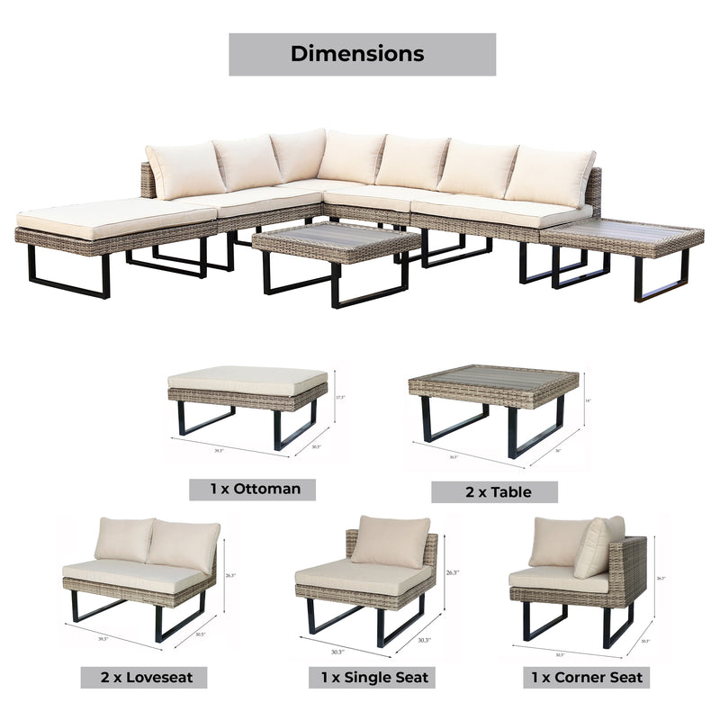 Deko Living - 8 Place Seating Outdoor Wicker Corner Sectional Sofa and Ottoman Set with Table