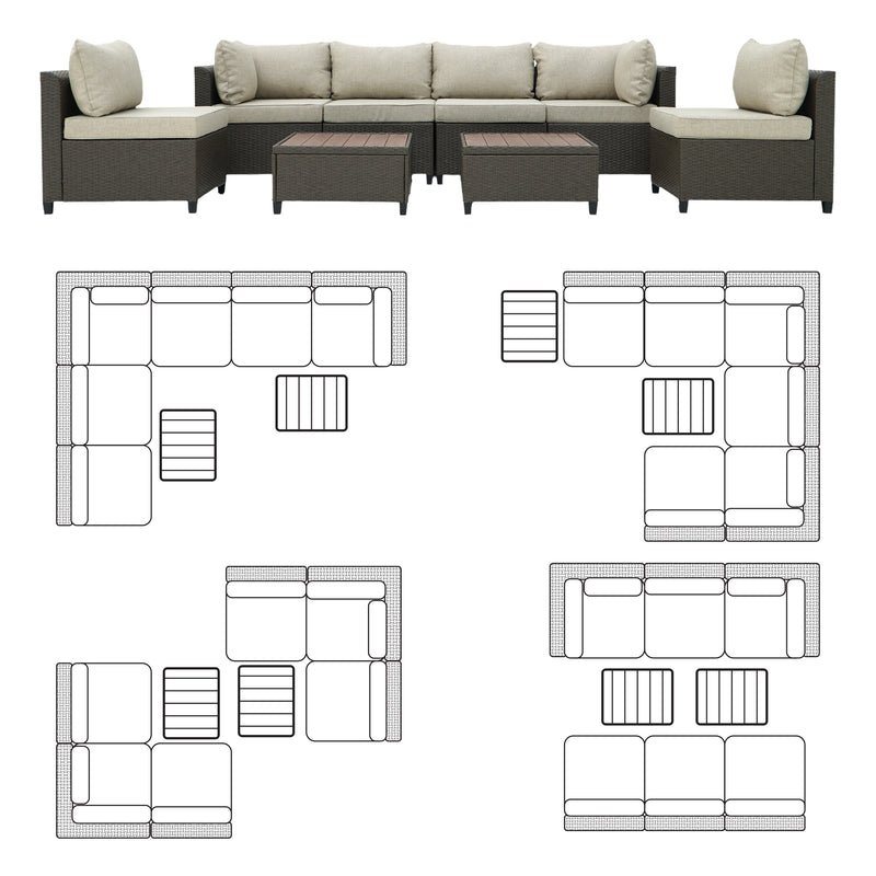 Deko Living - 8 Piece Brown Outdoor Sectional Wicker Sofa Chairs and Tables with Interchangable Beige and Red Cushion Covers