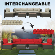 Deko Living - 8 Piece Brown Outdoor Sectional Wicker Sofa Chairs and Tables with Interchangable Beige and Red Cushion Covers