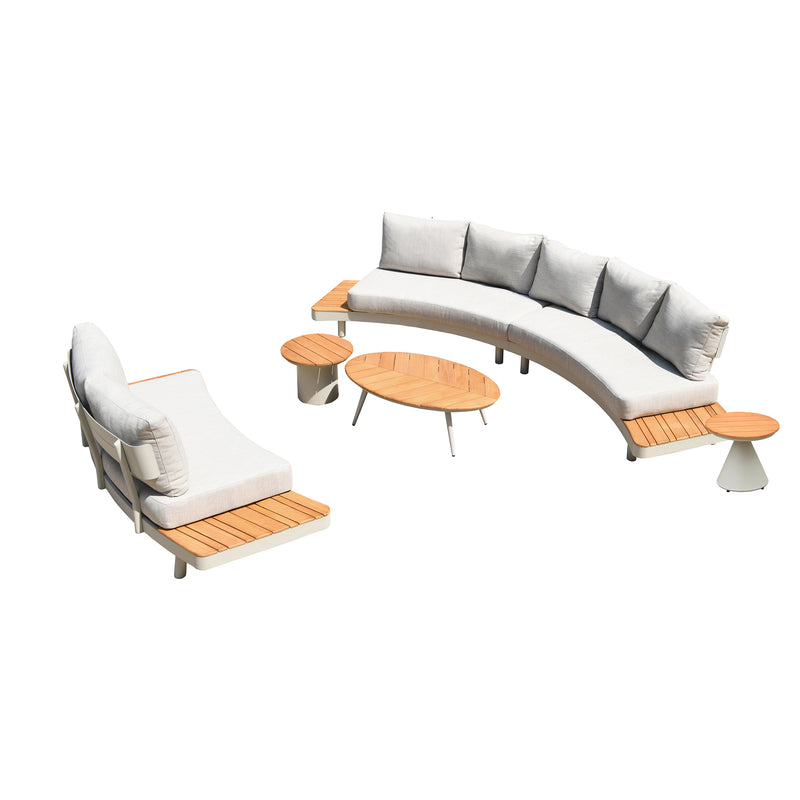 Deko Living - 6 Place Seating Outdoor Cream Aluminum and Teak Contour Sofa Set