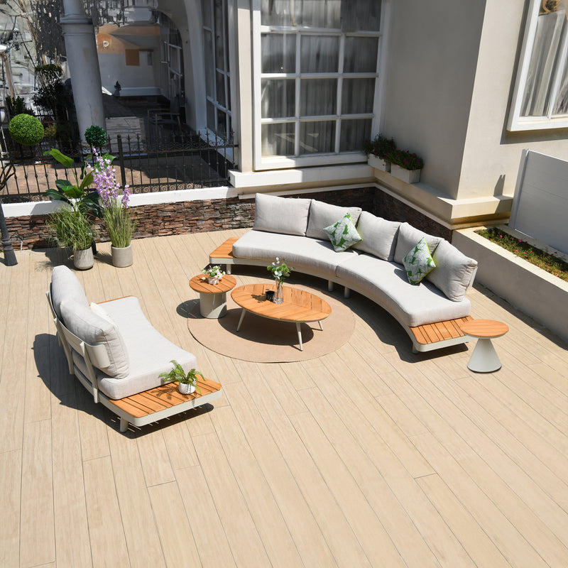Deko Living - 6 Place Seating Outdoor Cream Aluminum and Teak Contour Sofa Set