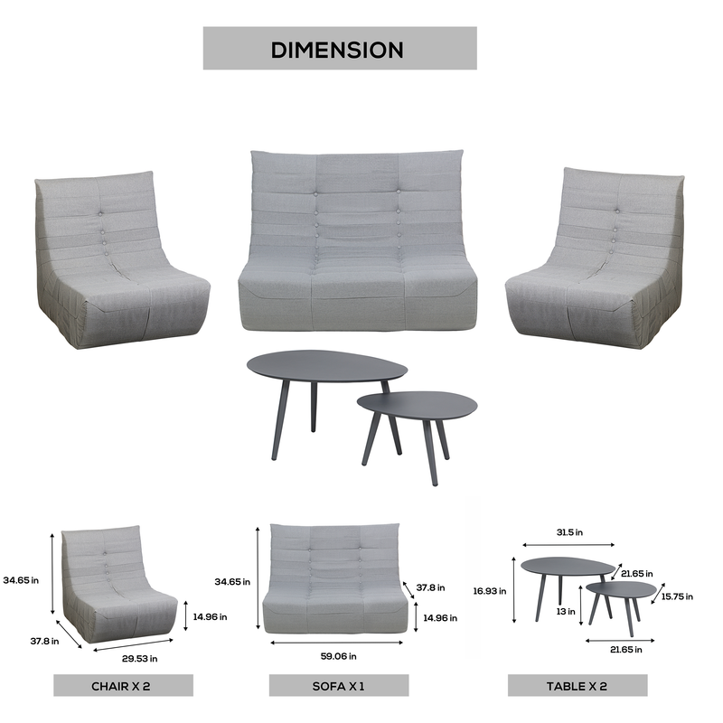 Deko Living - 5 Piece Gray Outdoor Compression Foam Loveseat Sofa Chairs and Table Set
