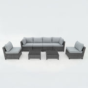 Deko Living - 8 Piece Gray Outdoor Sectional Wicker Sofa Chairs and Tables with Interchangable Blue and Gray Cushion Covers